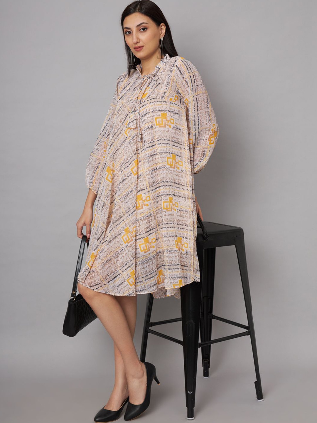 

SHRIMAY Printed Tie-Up Neck A-Line Dress, Yellow