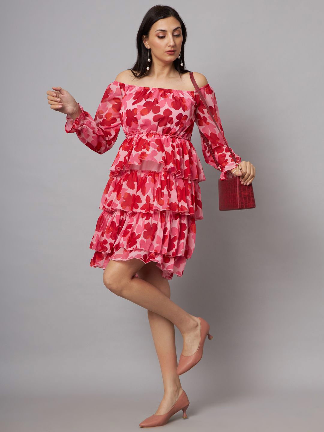 SHRIMAY Off-Shoulder Puff Sleeve Layred Fit & Flare Floral Dress, Red