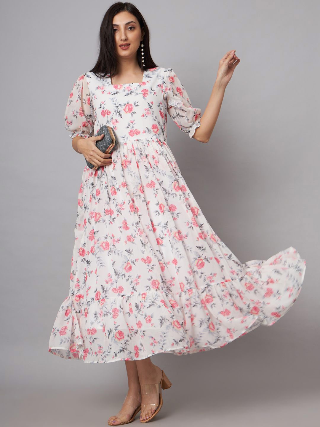 

SHRIMAY Square Neck Puffed Sleeved Fit & Flared Floral Maxi Dress, White