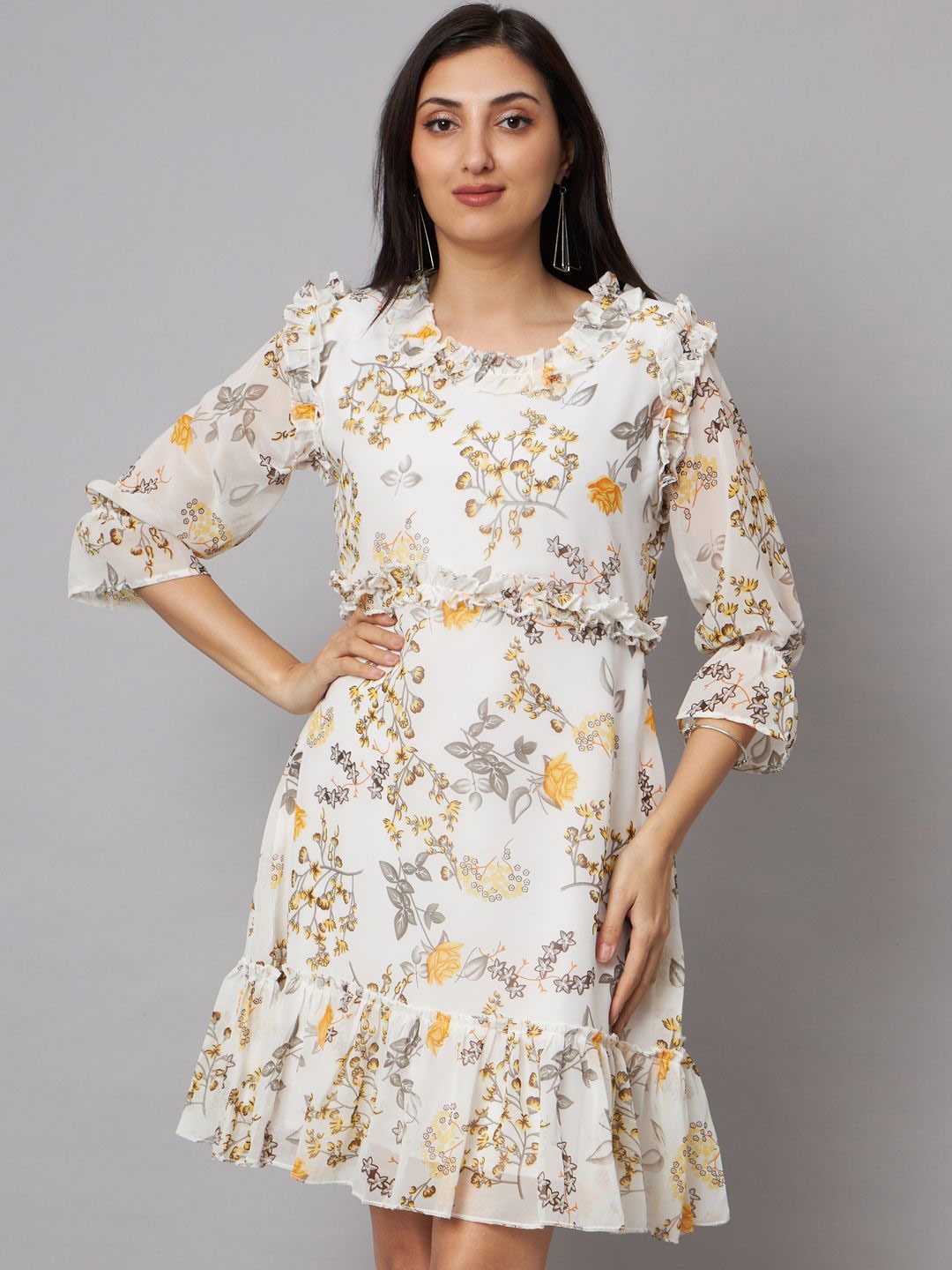 

SHRIMAY Frilled Detali Round Neck Puff Sleeves Fit & Flare Floral Dress, White