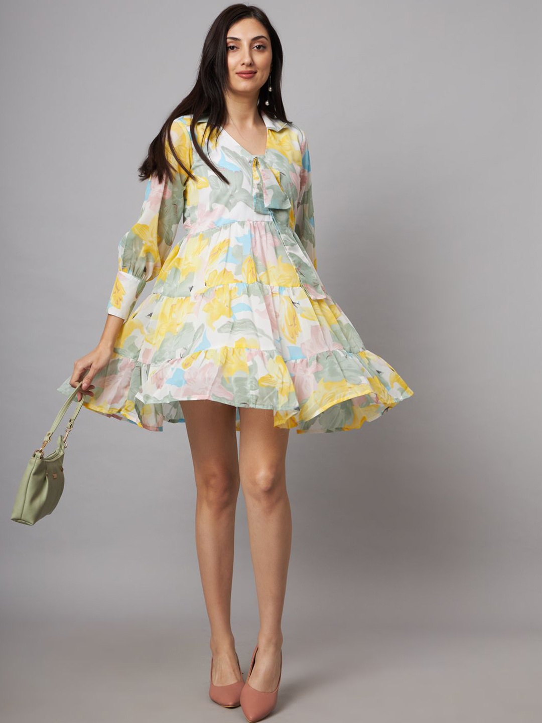 

SHRIMAY Floral Floral Print Cuffed Sleeves Fit and Flare Dress, Yellow