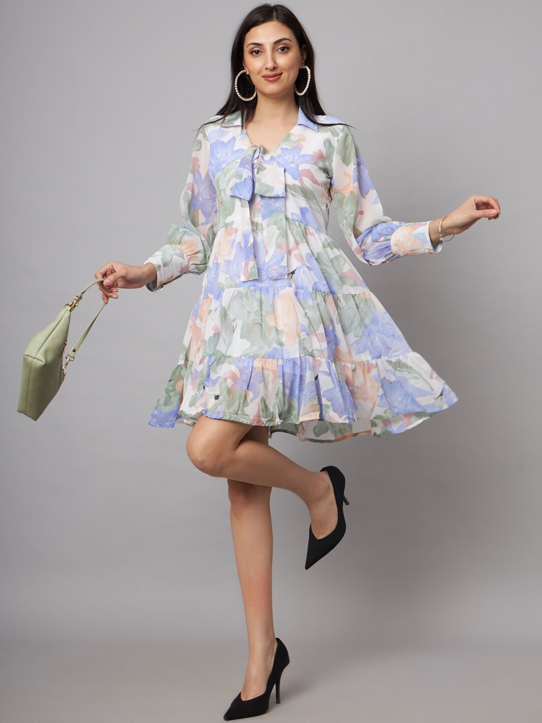 

SHRIMAY Floral Print Cuffed Sleeves Fit and Flare Dress, Blue