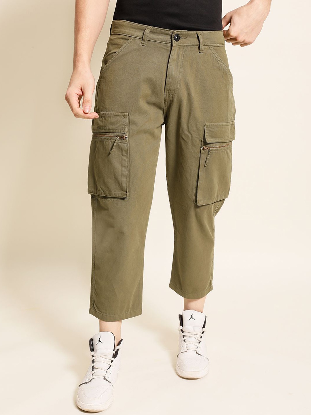

The Lifestyle Co Men Pure Cotton Loose Fit Cropped Cargo Trousers, Olive