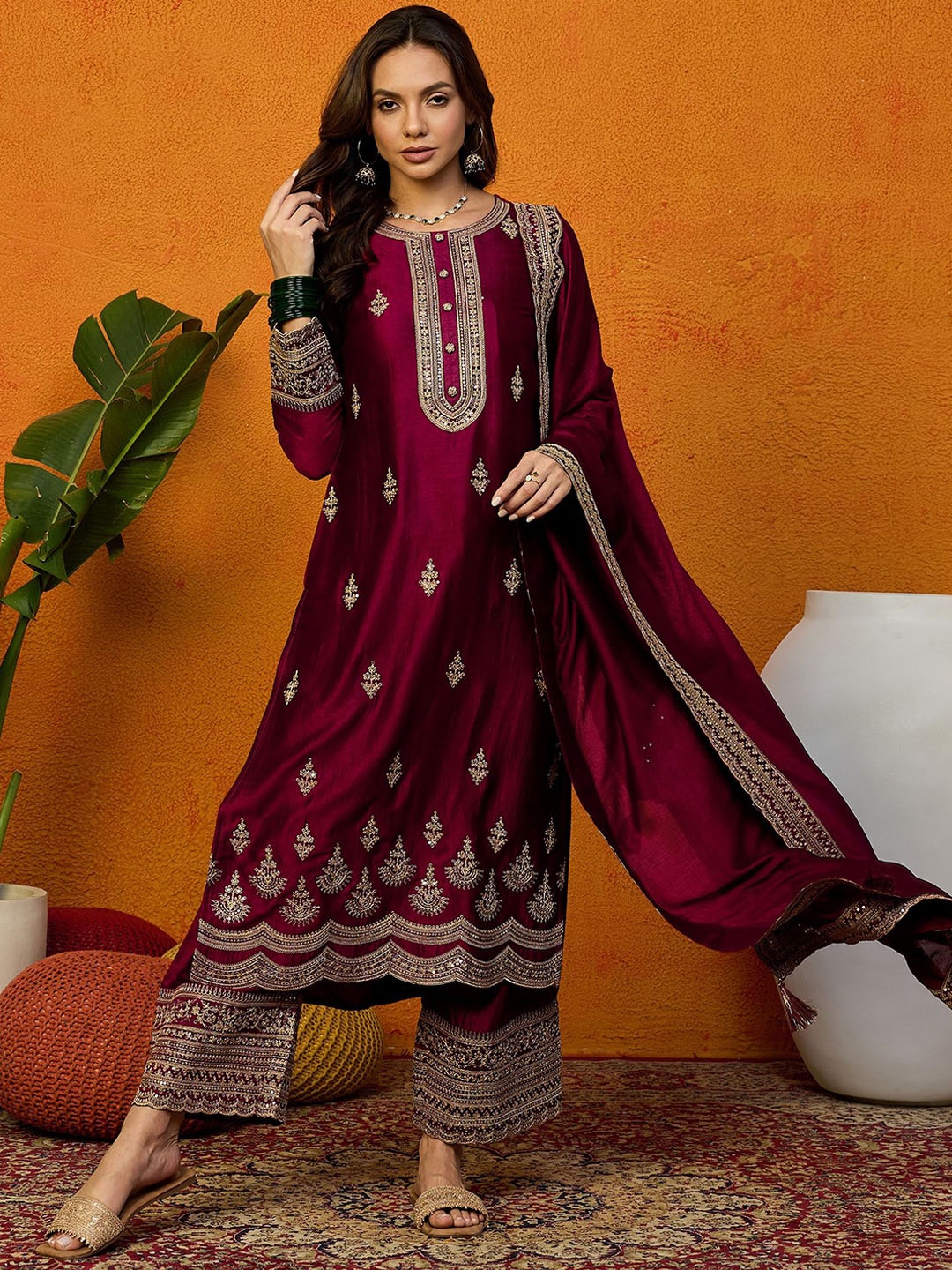 

KALINI Women Embroidered Regular Kurta with Palazzos & With Dupatta, Maroon