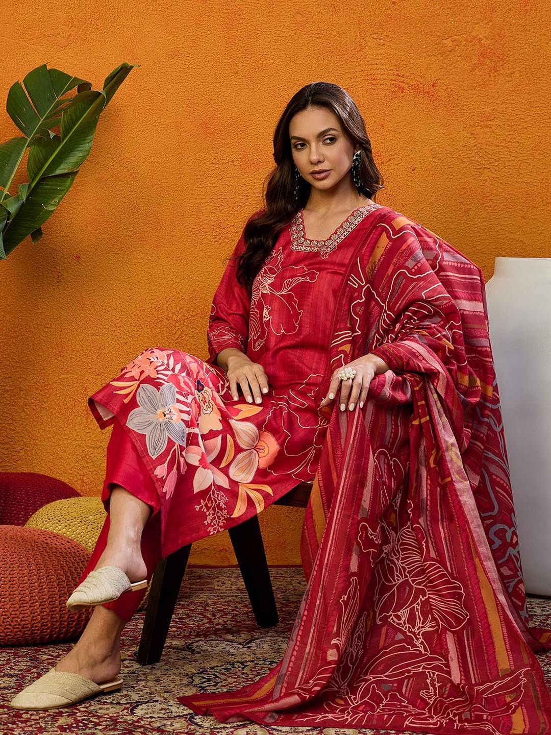 

KALINI Women Floral Printed Regular Sequinned Kurta with Trousers & With Dupatta, Red