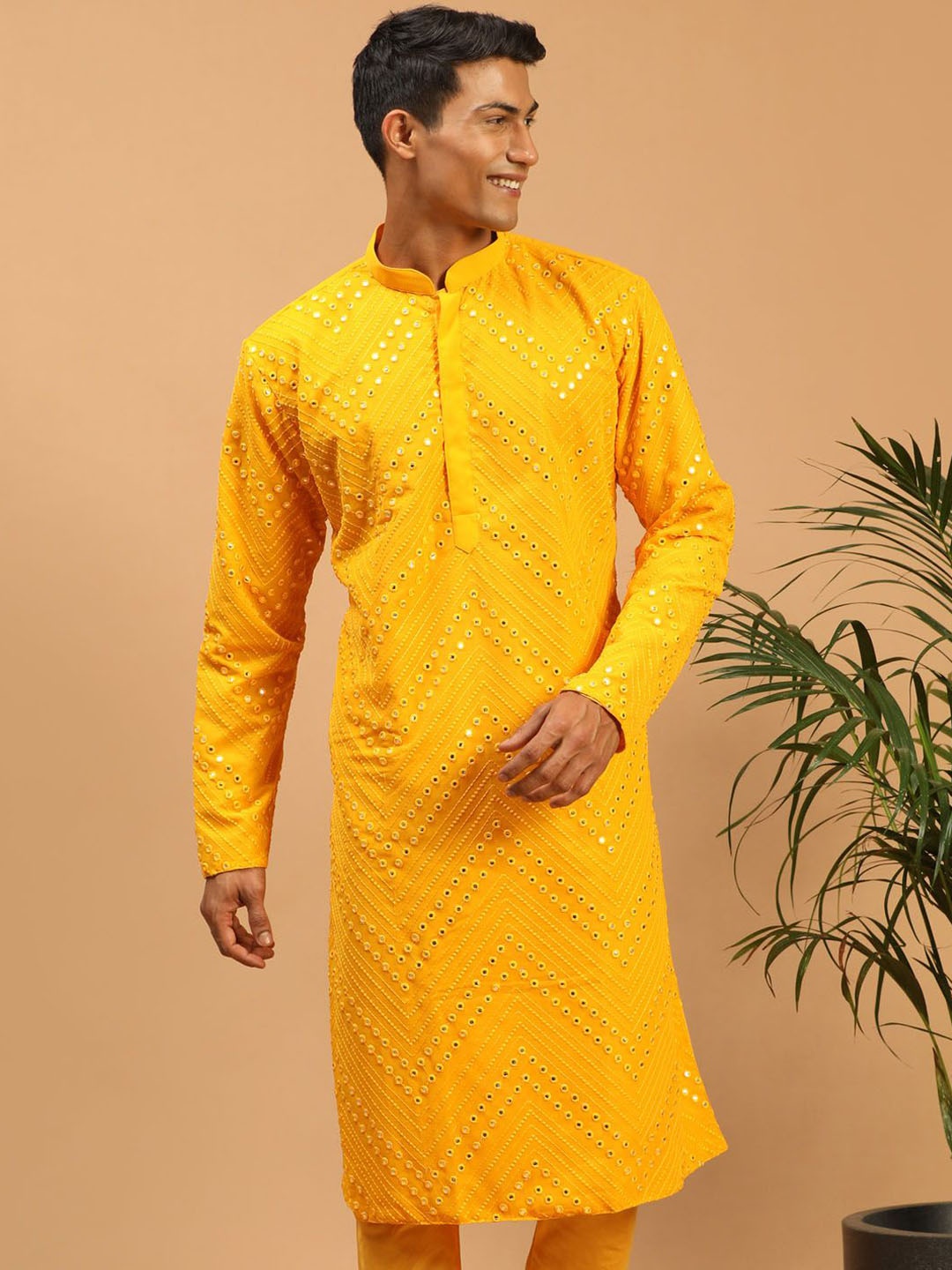 

VASTRAMAY Men's Georgette Mirror Kurta, Yellow