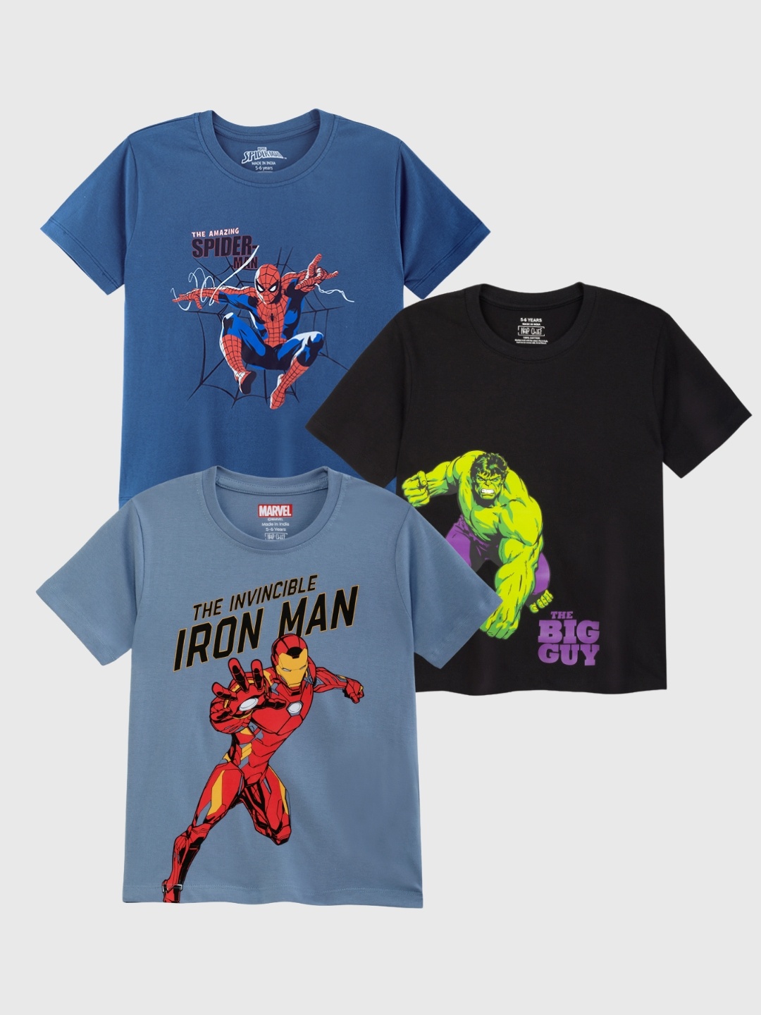 

Kids Unisex Pack Of 3 Hulk & Iron Man & Spider-Man Printed Cotton T-shirts, Multi