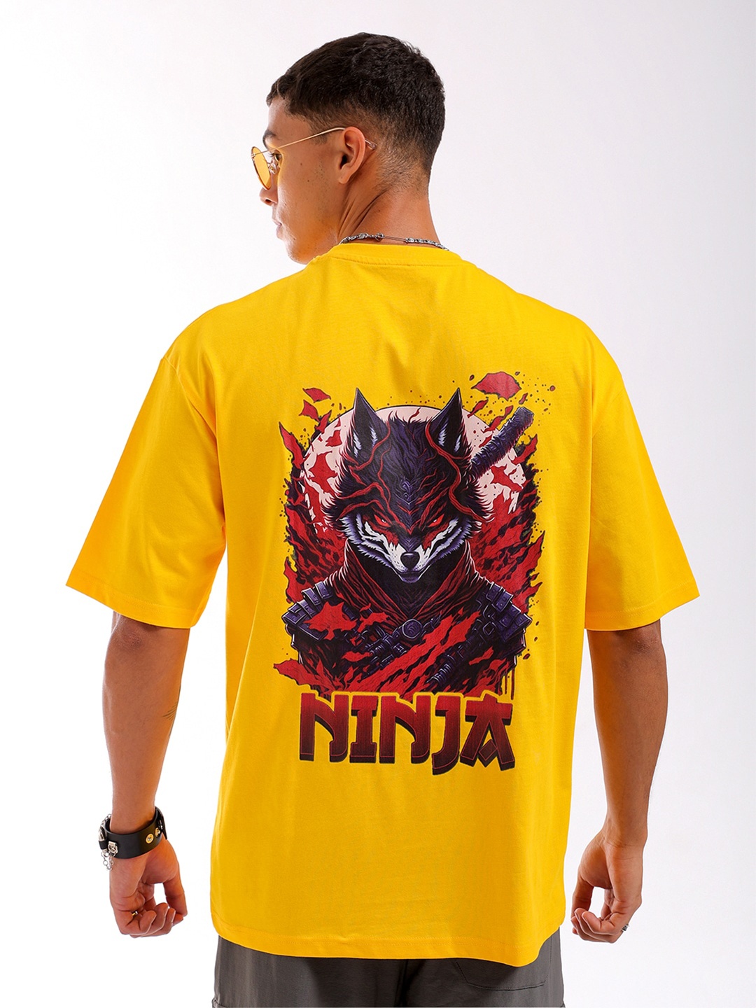 

The Indian Garage Co Men Back Printed Round Neck Boxy Oversized T-shirt, Yellow