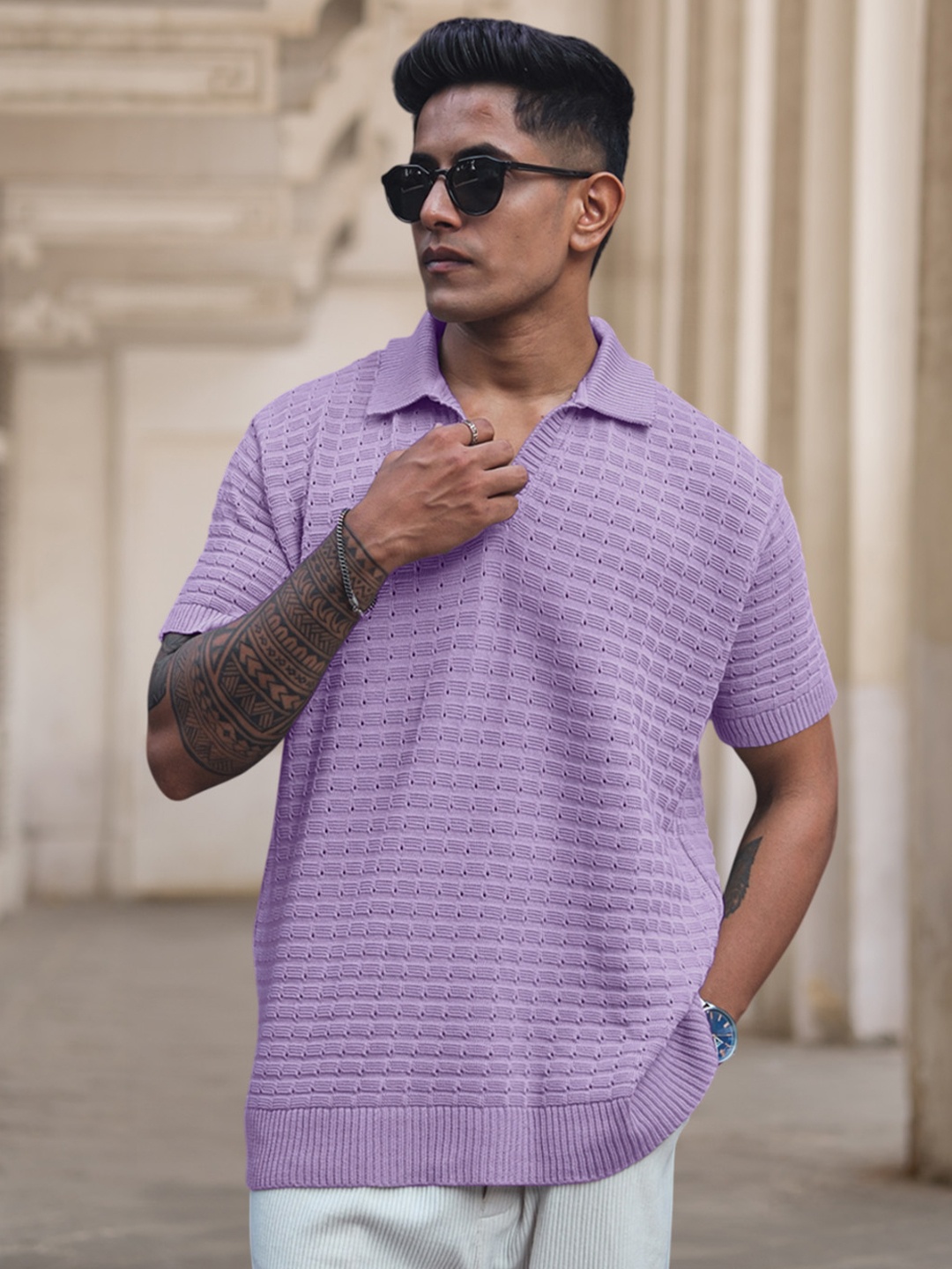 

Powerlook Men Polo Collar Self Designed T-shirt, Purple