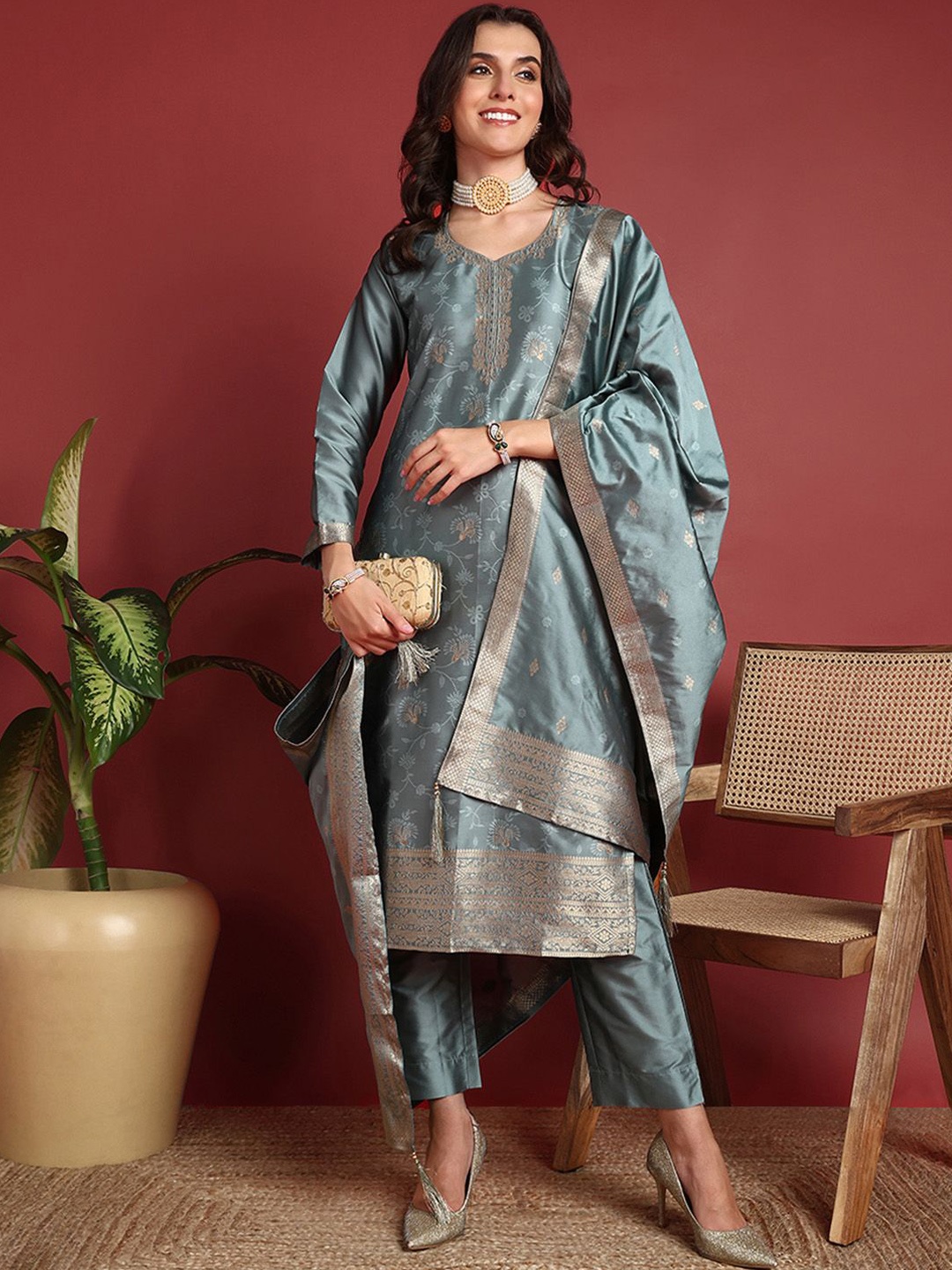 

KALINI Women Ethnic Motifs Woven Design Kurta with Trousers & With Dupatta, Teal