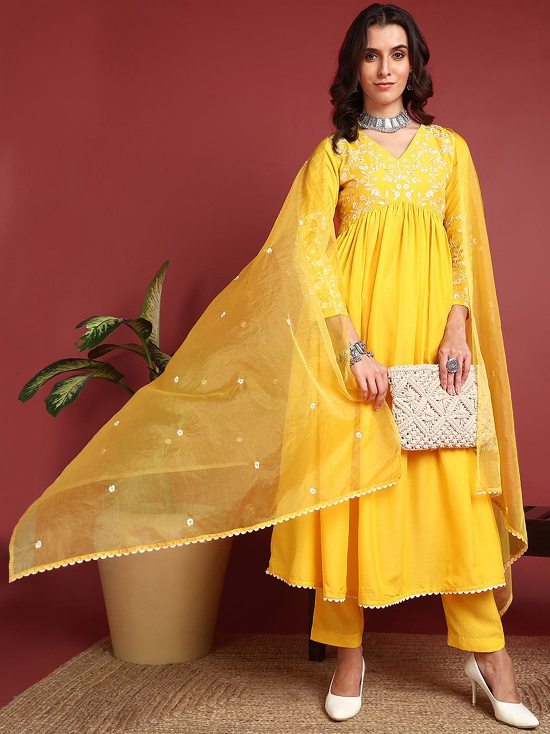 

KALINI Women Floral Yoke Design Empire Thread Work Kurta with Trousers & With Dupatta, Yellow
