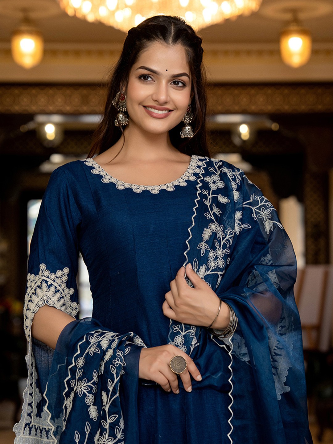 

KALINI Women Embroidered Empire Thread Work Kurta with Palazzos & With Dupatta, Blue