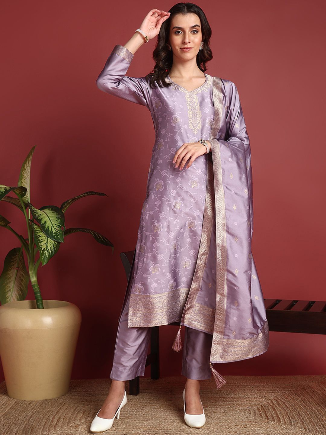 

KALINI Floral Printed Straight Kurta with Trousers & Dupatta, Lavender