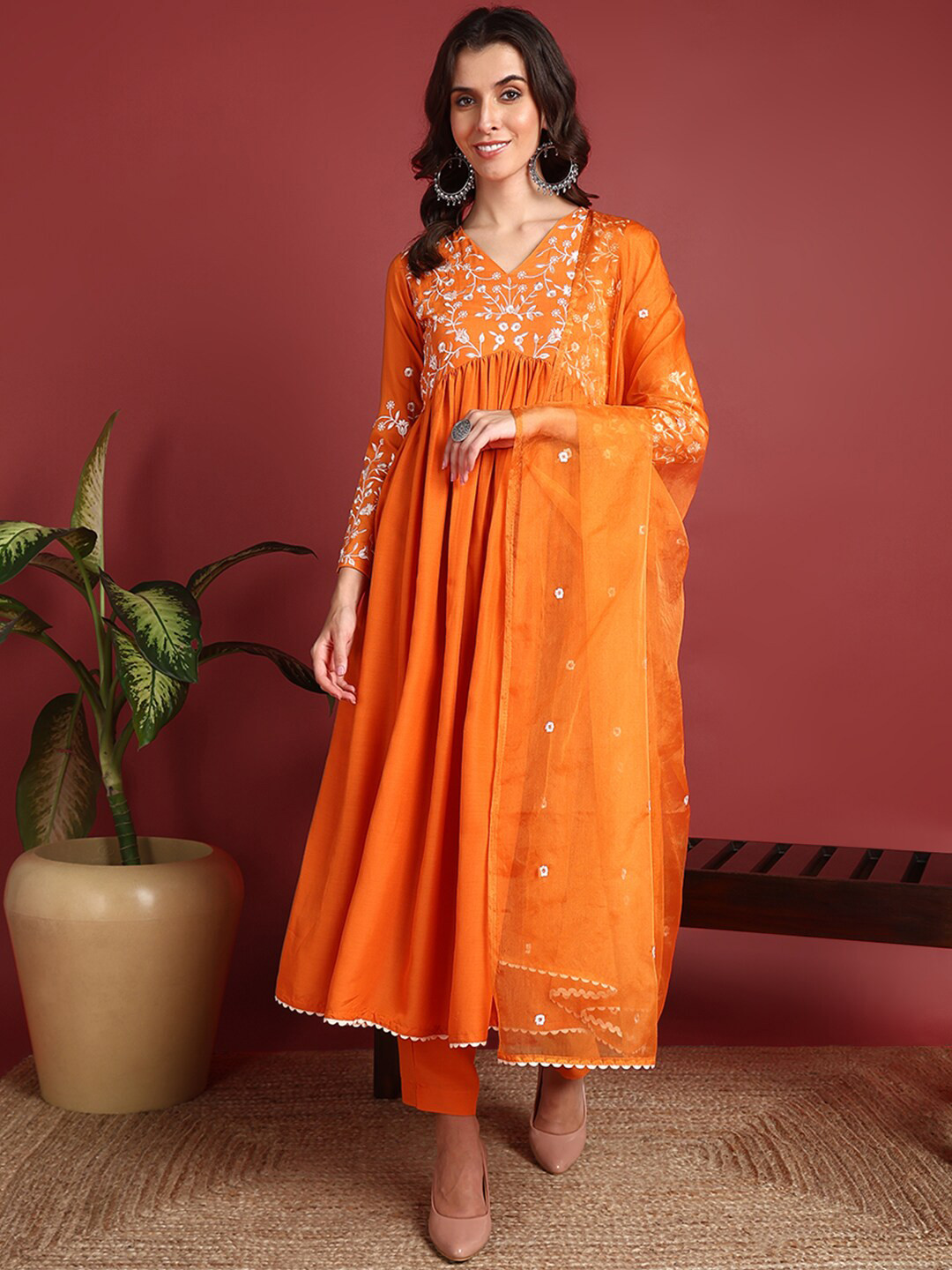 

KALINI Women Floral Yoke Design Empire Thread Work Kurta with Trousers & With Dupatta, Orange