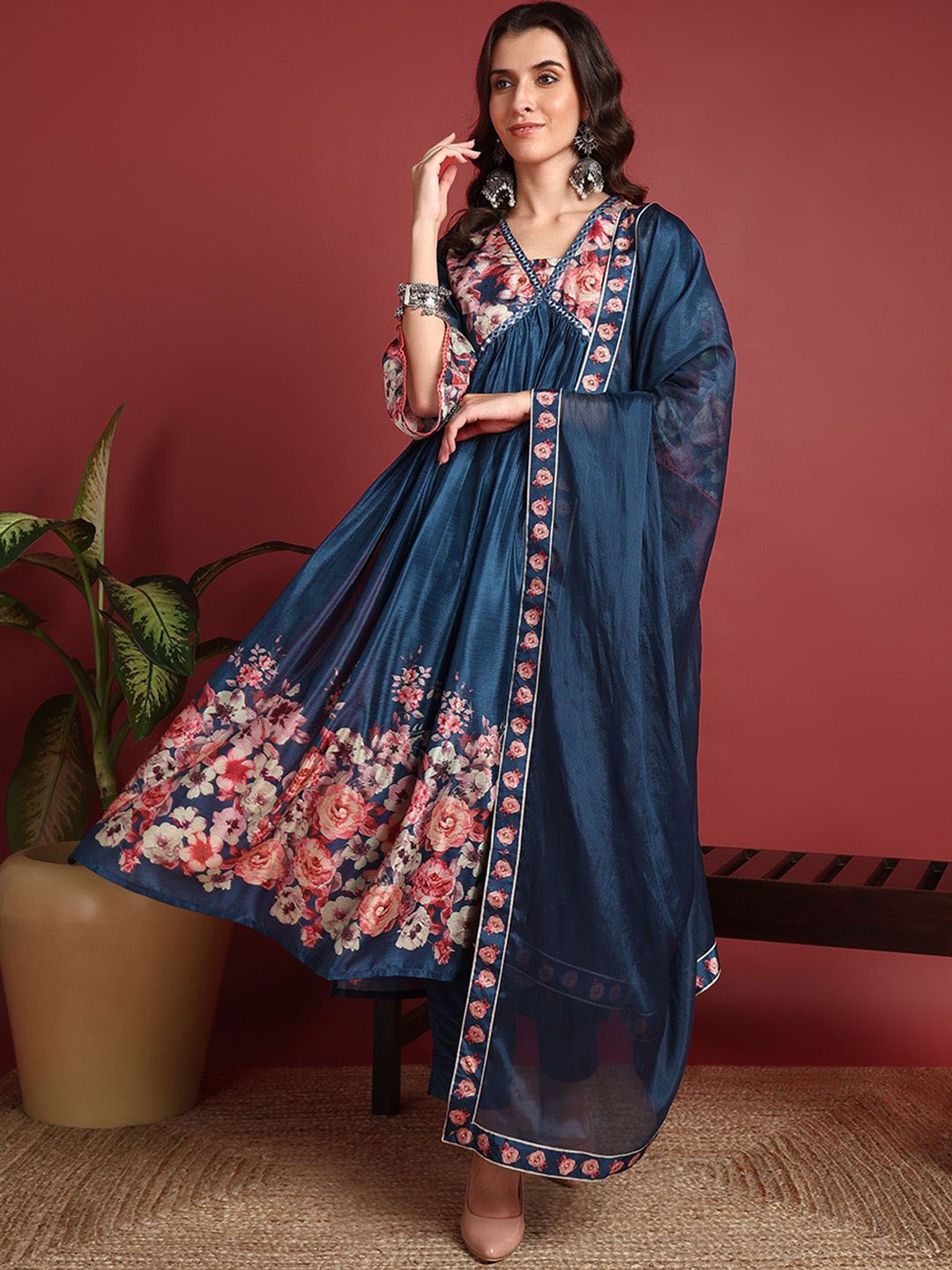 

KALINI Women Floral Printed Empire Kurta with Trousers & With Dupatta, Blue
