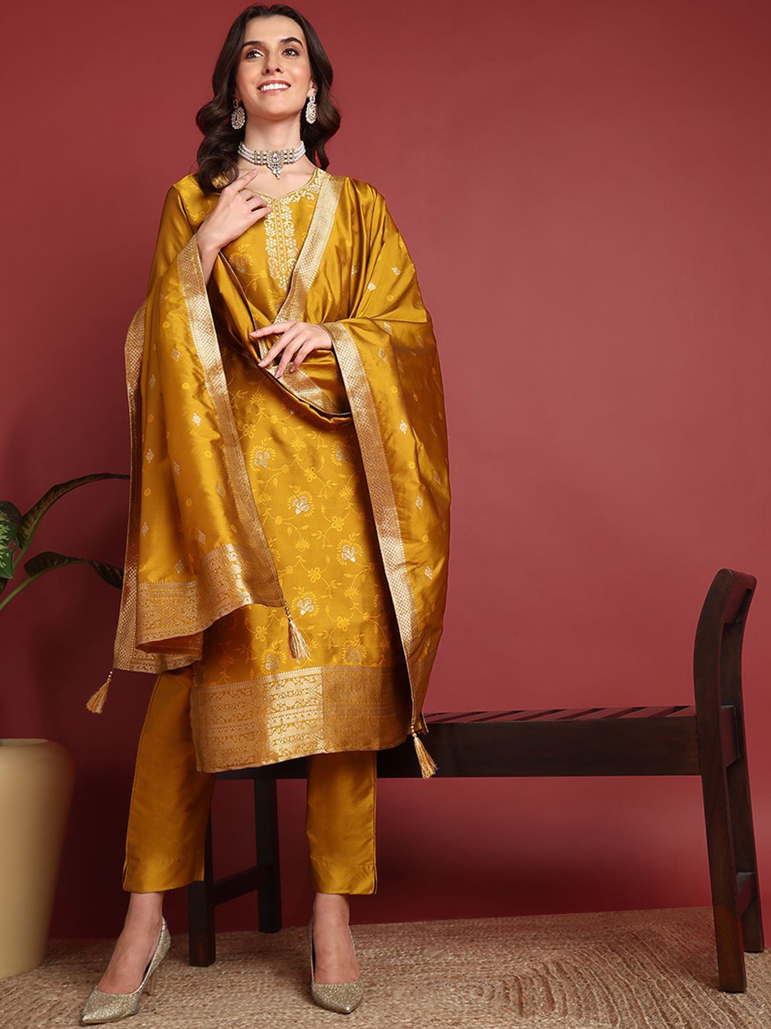 

KALINI Women Woven Design Regular Kurta with Trousers & With Dupatta, Mustard