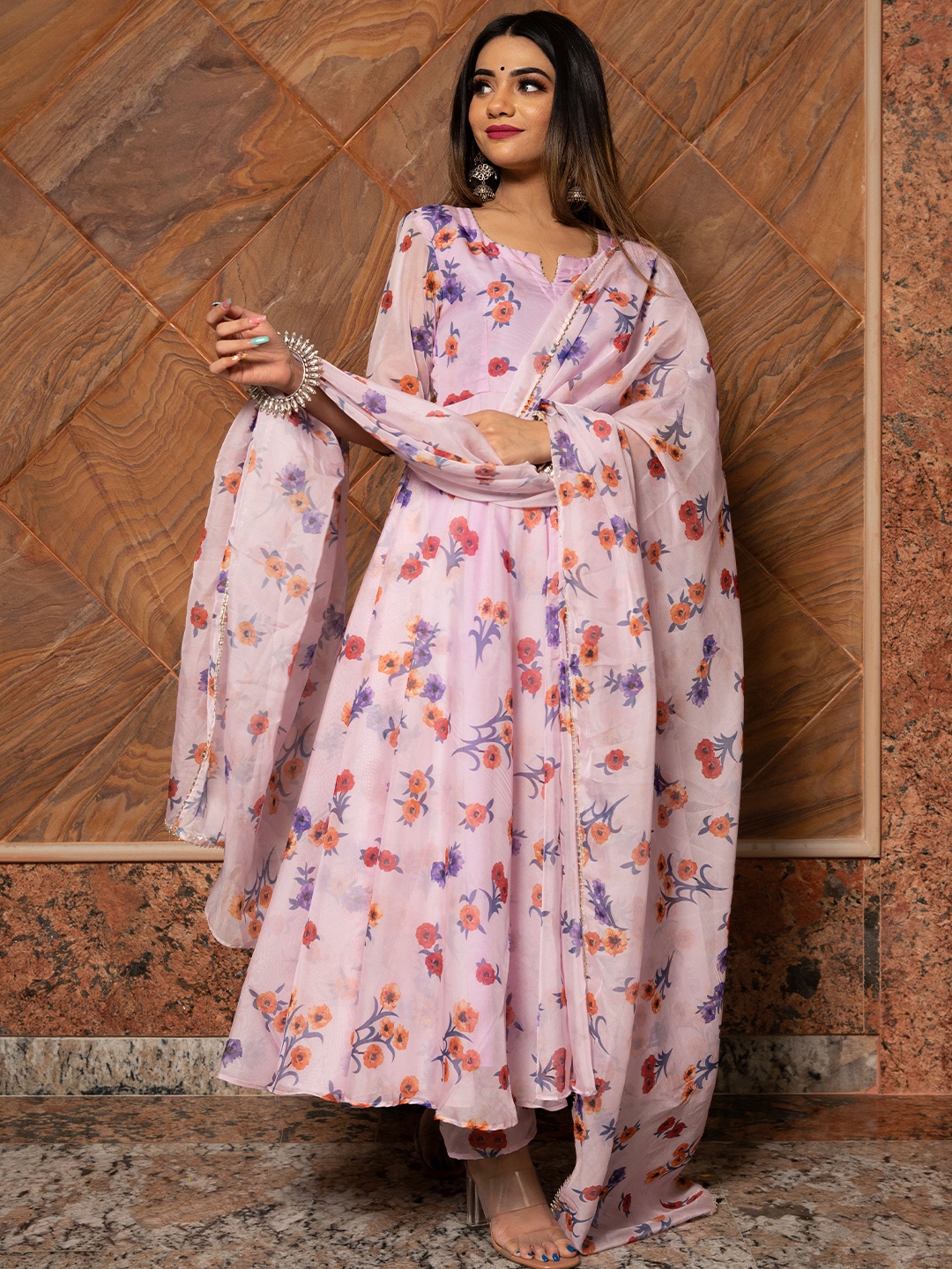 

Pomcha Women Floral Printed Empire Kurta with Palazzos & With Dupatta, Lavender