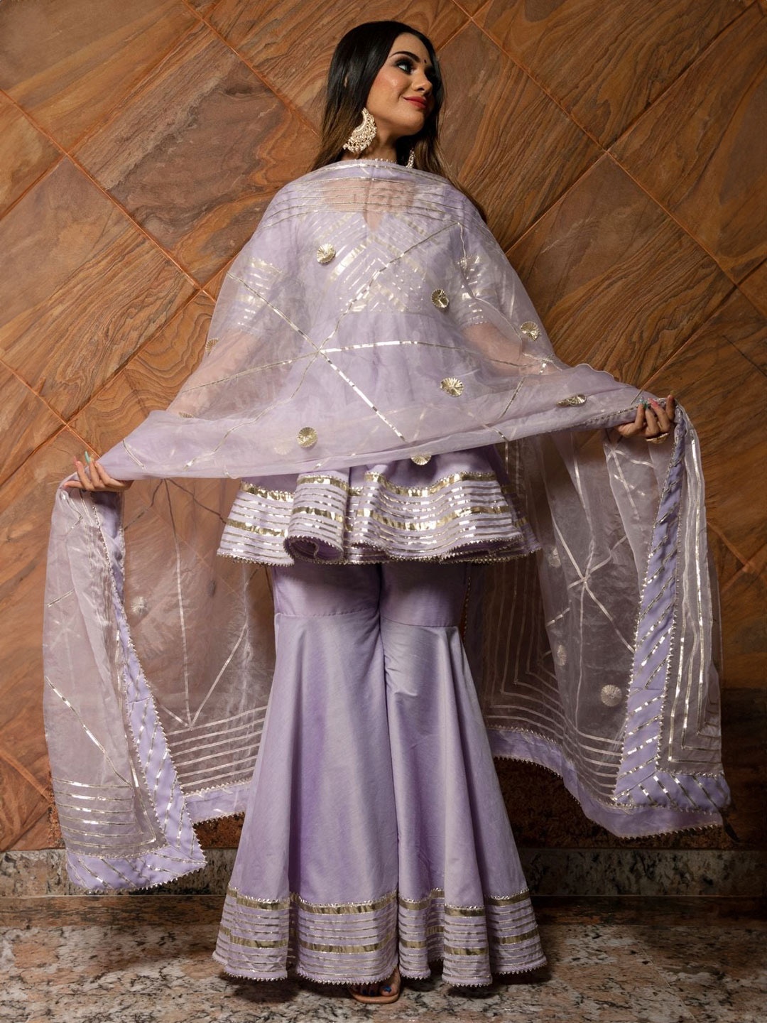 

Pomcha Women Empire Gotta Patti Kurta with Sharara & With Dupatta, Lavender