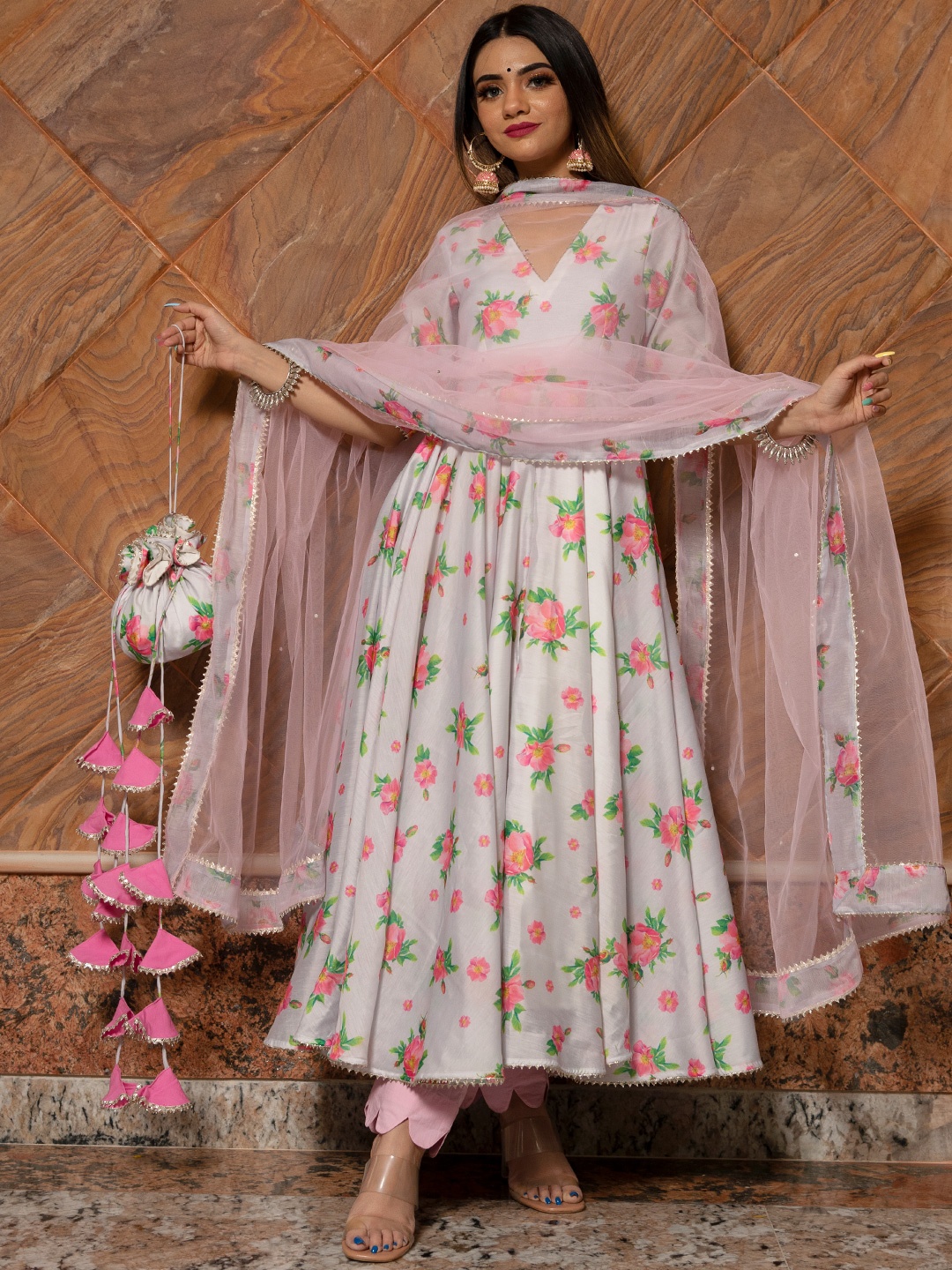 

Pomcha Women Floral Printed Chanderi Cotton Kurta with Palazzos & Dupatta, Pink