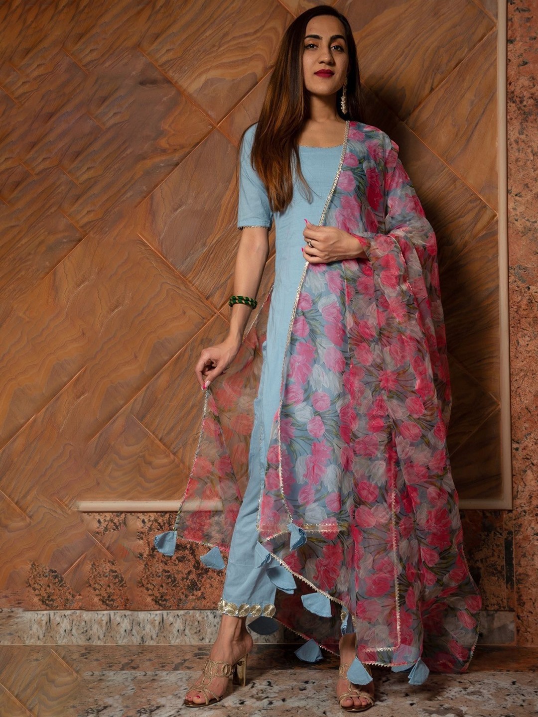 

Pomcha Women Regular Pure Cotton Kurta with Palazzos & With Dupatta, Blue