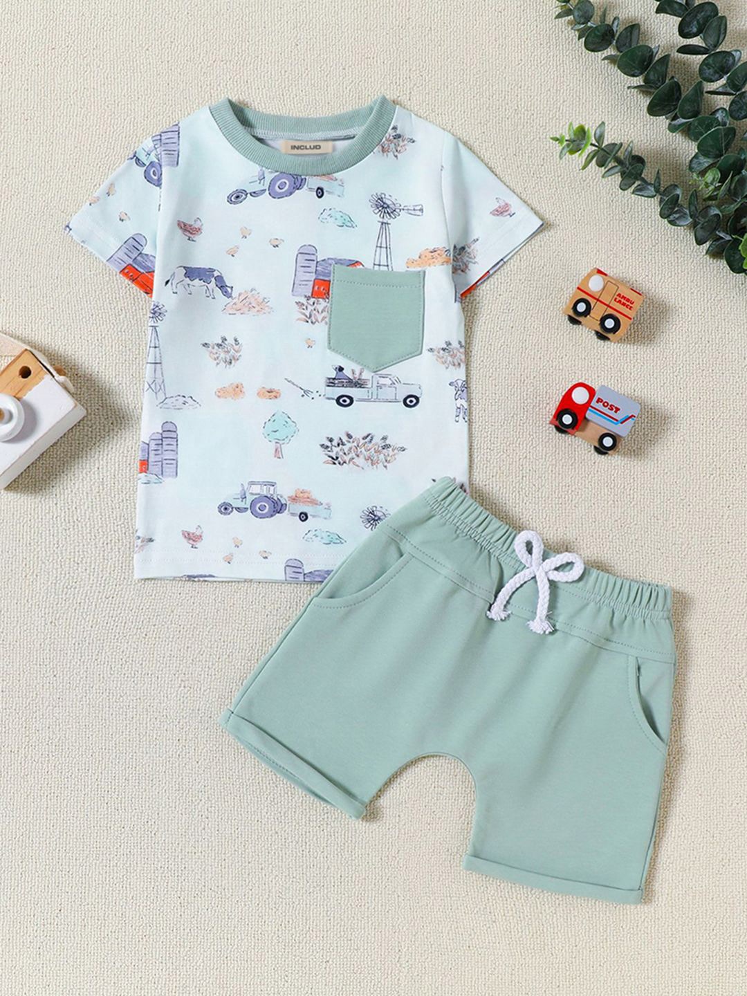 

INCLUD Boys Dinosaur Printed Short Sleeves T-Shirt With Shorts Set, Green