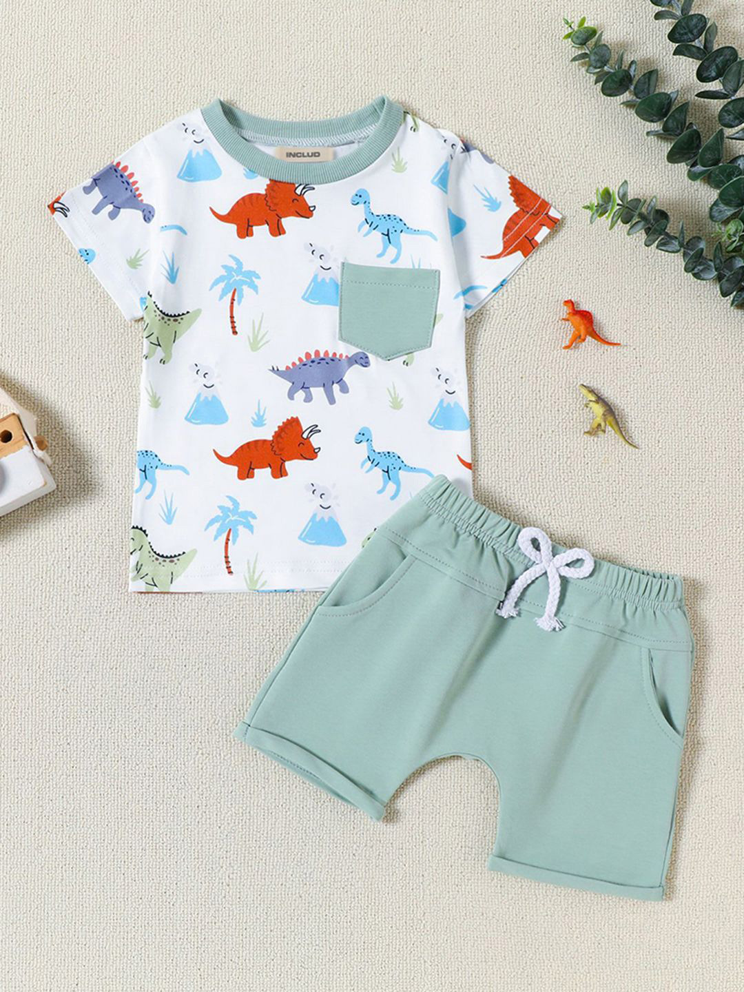 

INCLUD Boys Dinosaur Printed Short Sleeves T-Shirt With Shorts Set, White