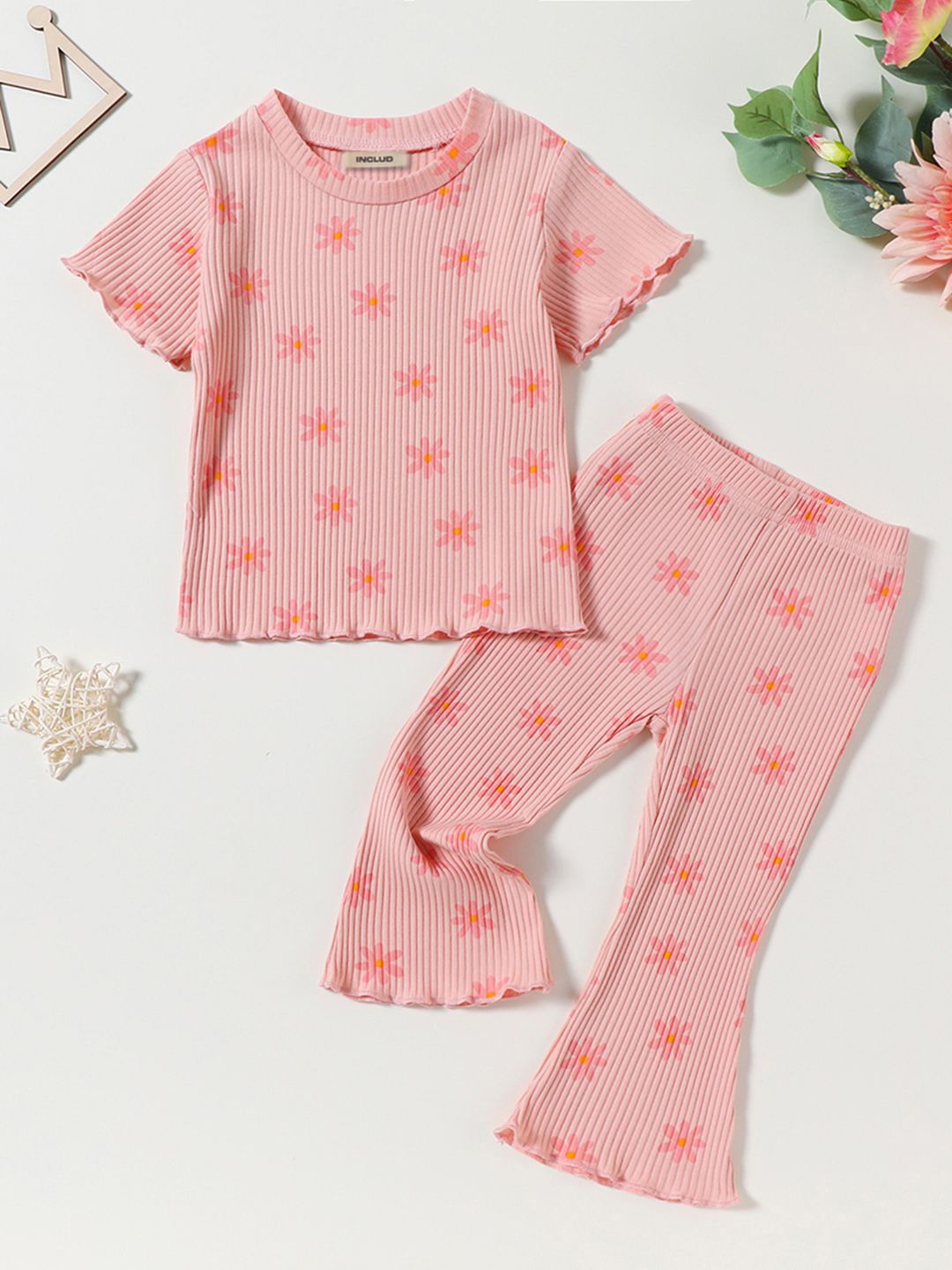 

INCLUD Girls Rib Knit Floral Printed Top With Flared Pants Set, Pink