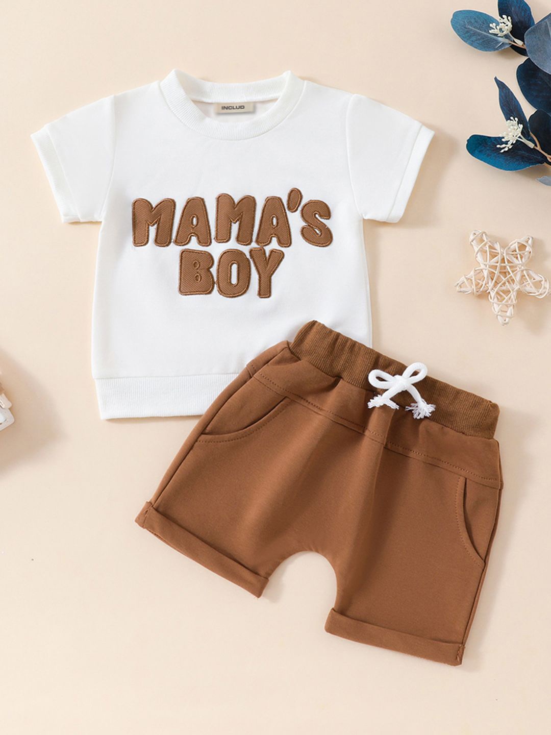 

INCLUD Boys Embroidered Short Sleeves T-Shirt With Shorts Set, Brown
