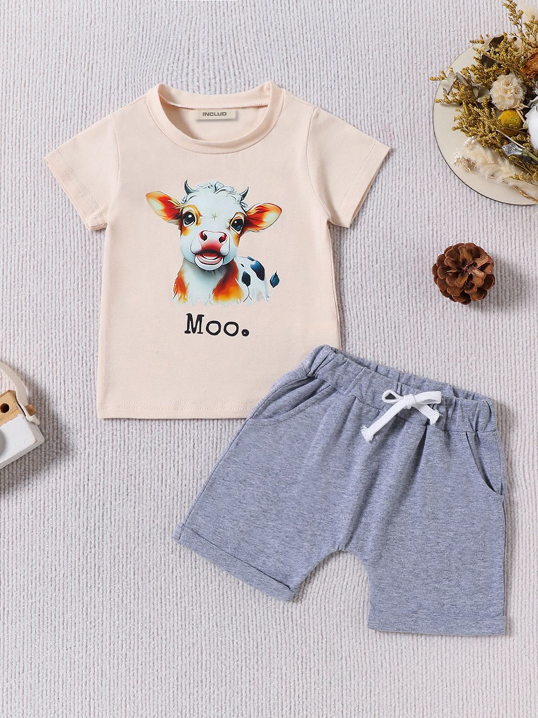 

INCLUD Boys Graphic Printed Short Sleeves T-Shirt With Shorts Set, Beige