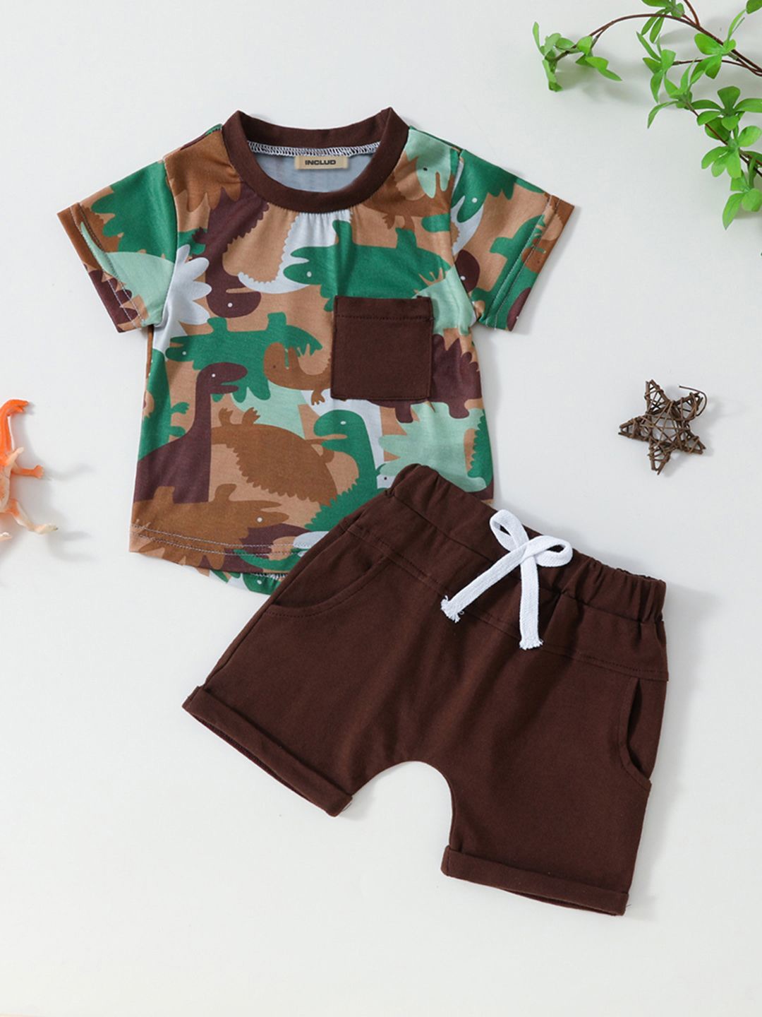 

INCLUD Boys Dinosaur Printed T-Shirt With Shorts Set, Brown
