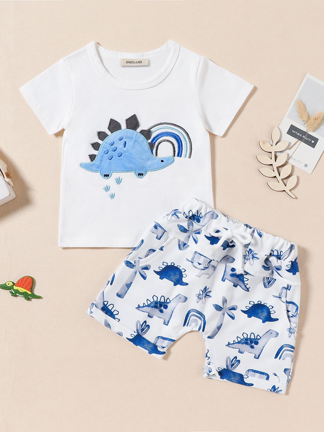 

INCLUD Boys Applique Embroidery T-Shirt With Printed Shorts Set, White