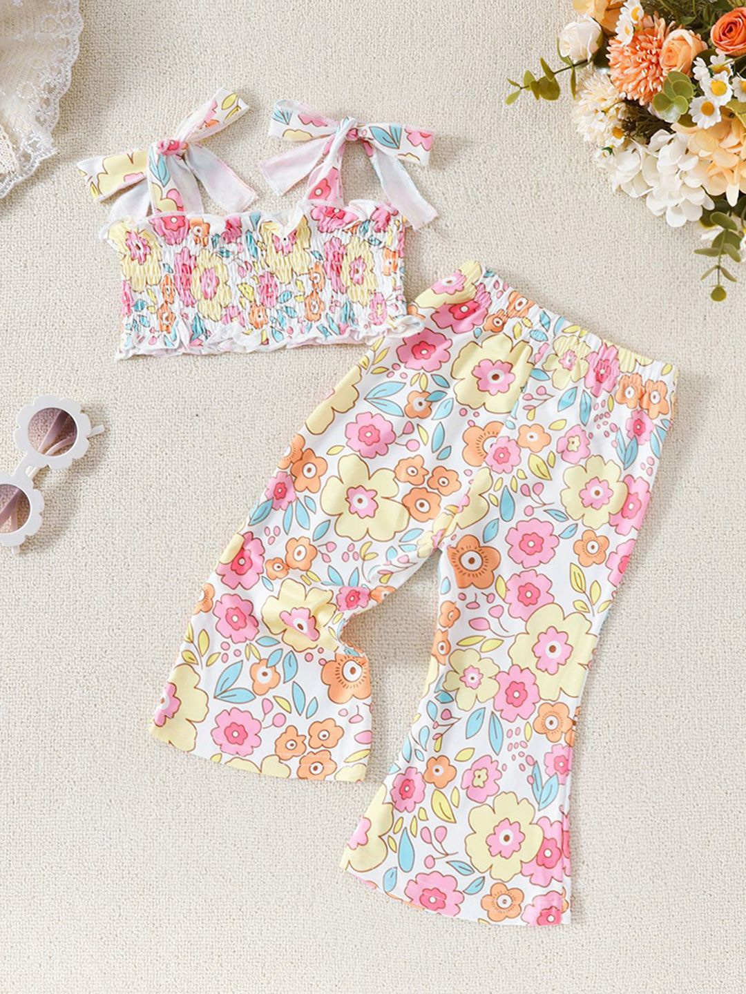 

INCLUD Girls Floral Printed Crop Top With Pants Set, White
