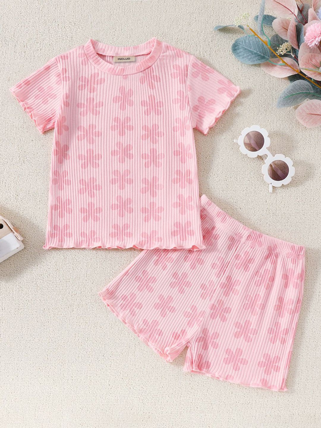 

INCLUD Girls Floral Print Short Sleeves T-Shirt With Shorts Set, Pink