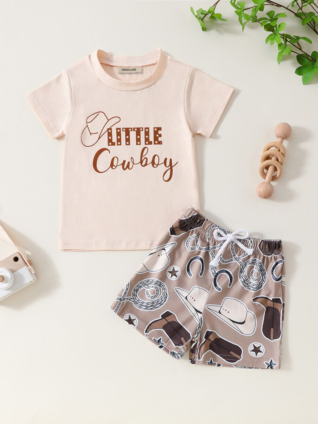 

INCLUD Boys Short Sleeve Printed T-Shirt With Printed Shorts Set, Beige