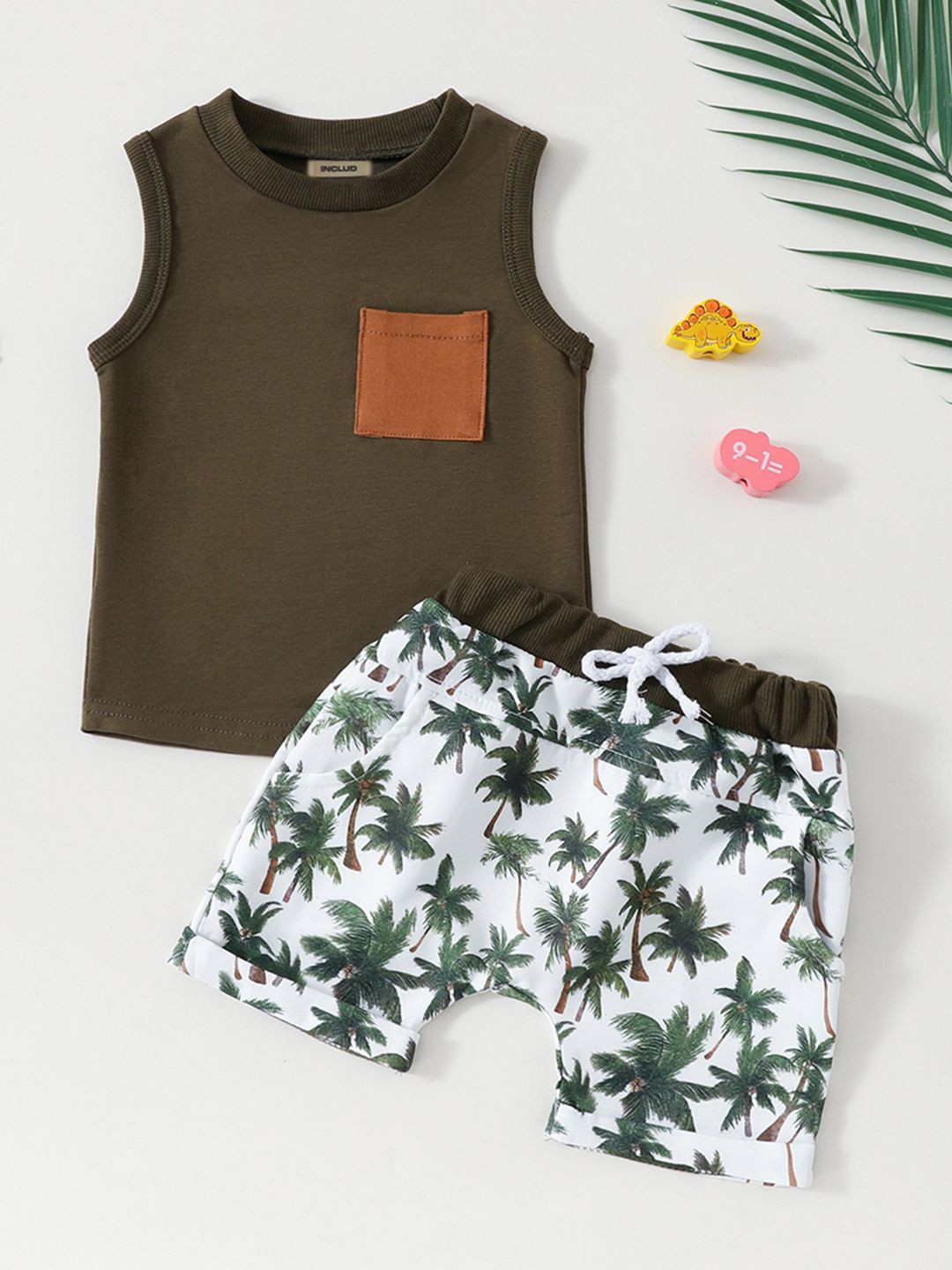 

INCLUD Boys Sleeveless Vest With Printed Shorts Set, Olive