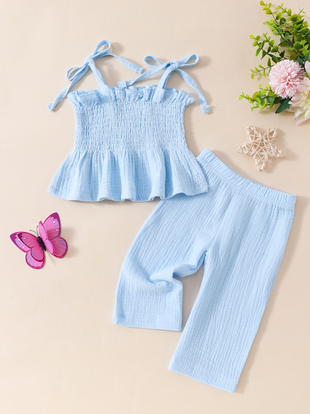 

INCLUD Girls Self Design Shoulder Straps Elasticated Top With Crinkled Pants Set, Blue