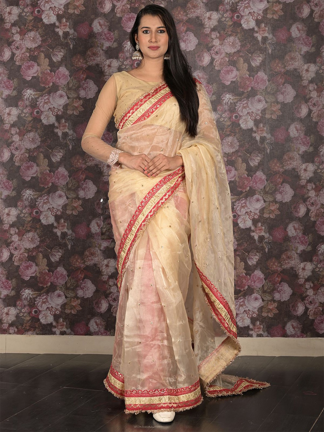 

ODETTE Embellished Mirror Work Organza Saree, Beige