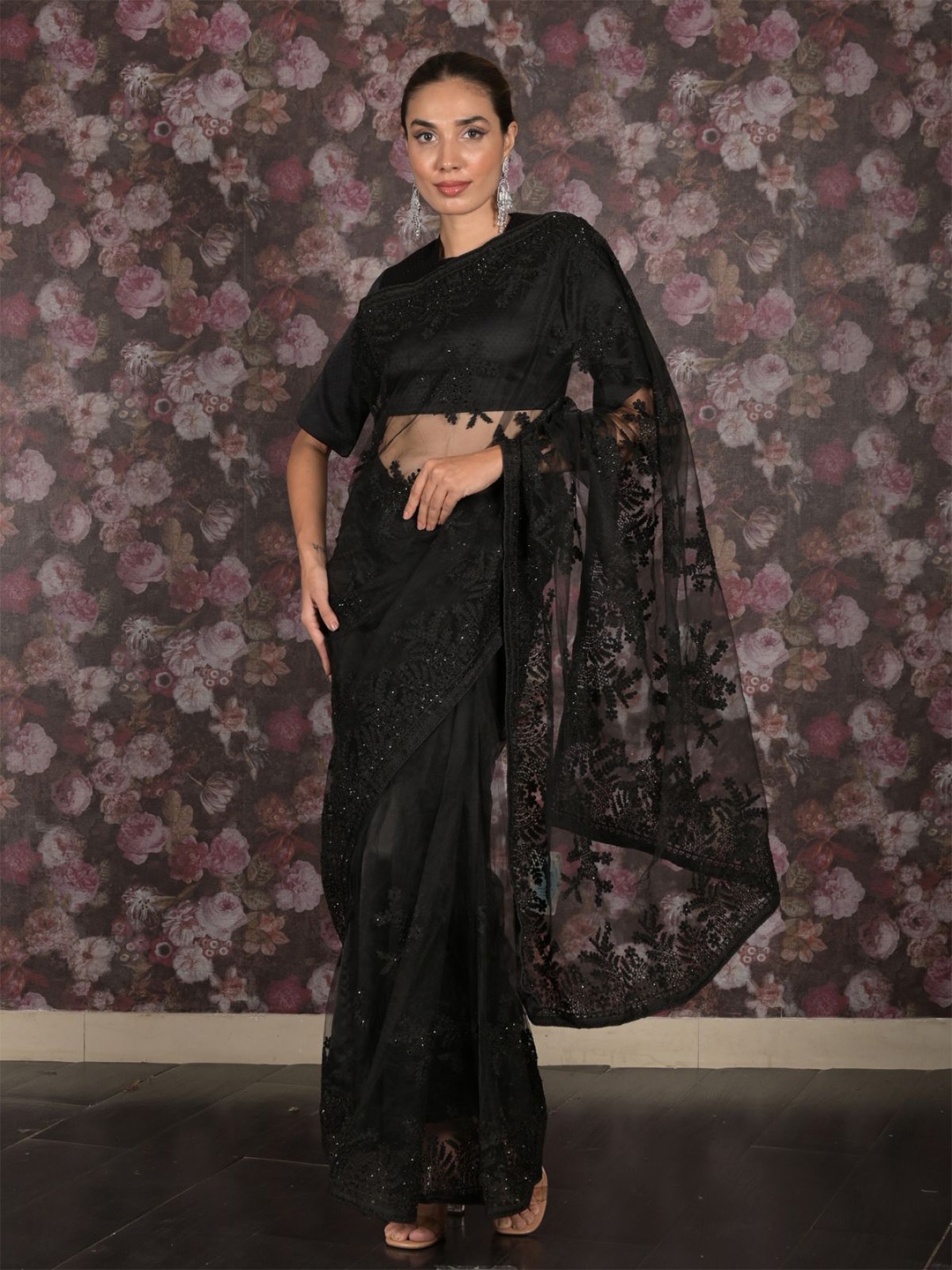 

ODETTE Floral Embroidered Net Saree, Black