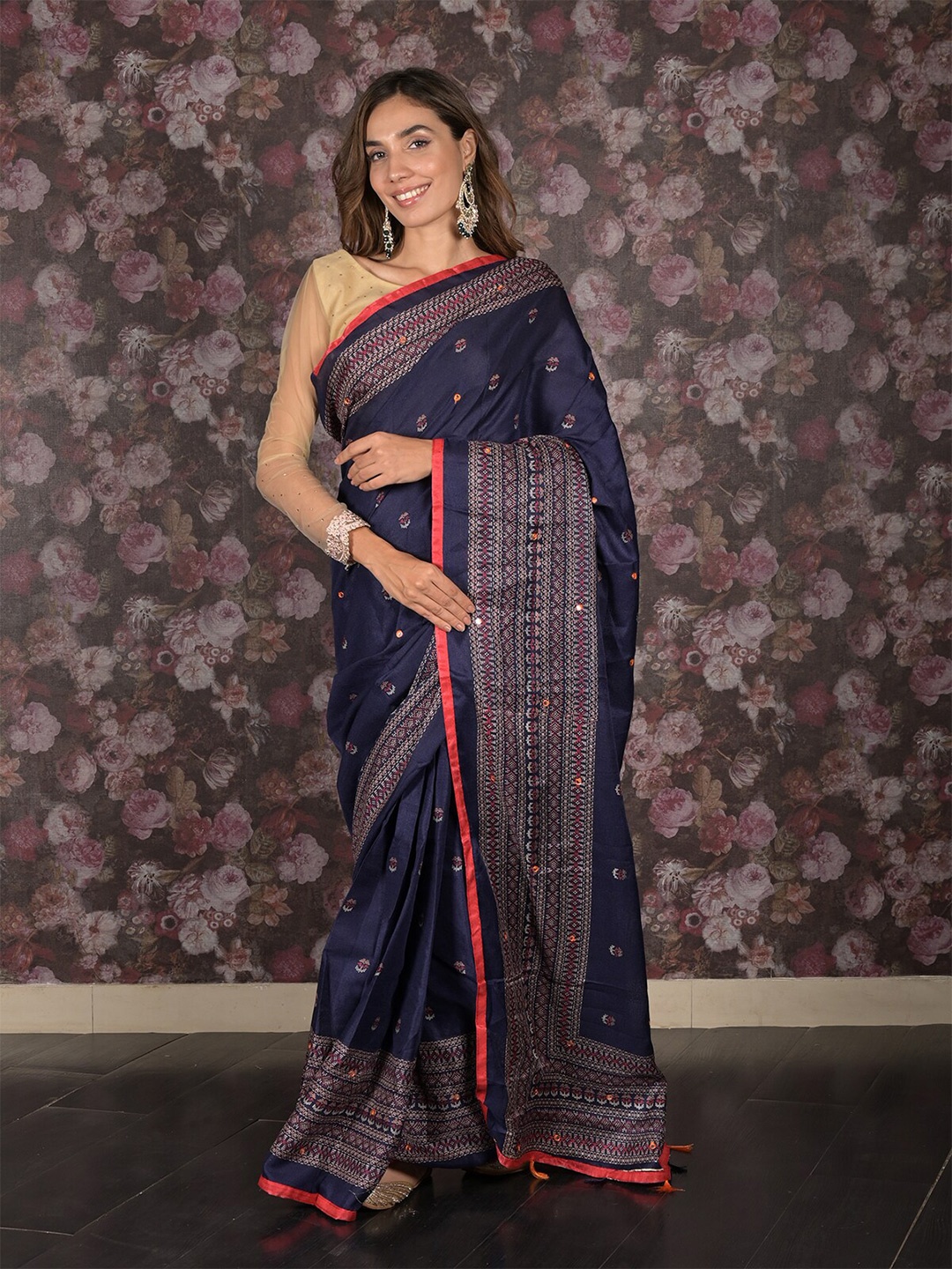 

ODETTE Solid Printed Saree, Navy blue