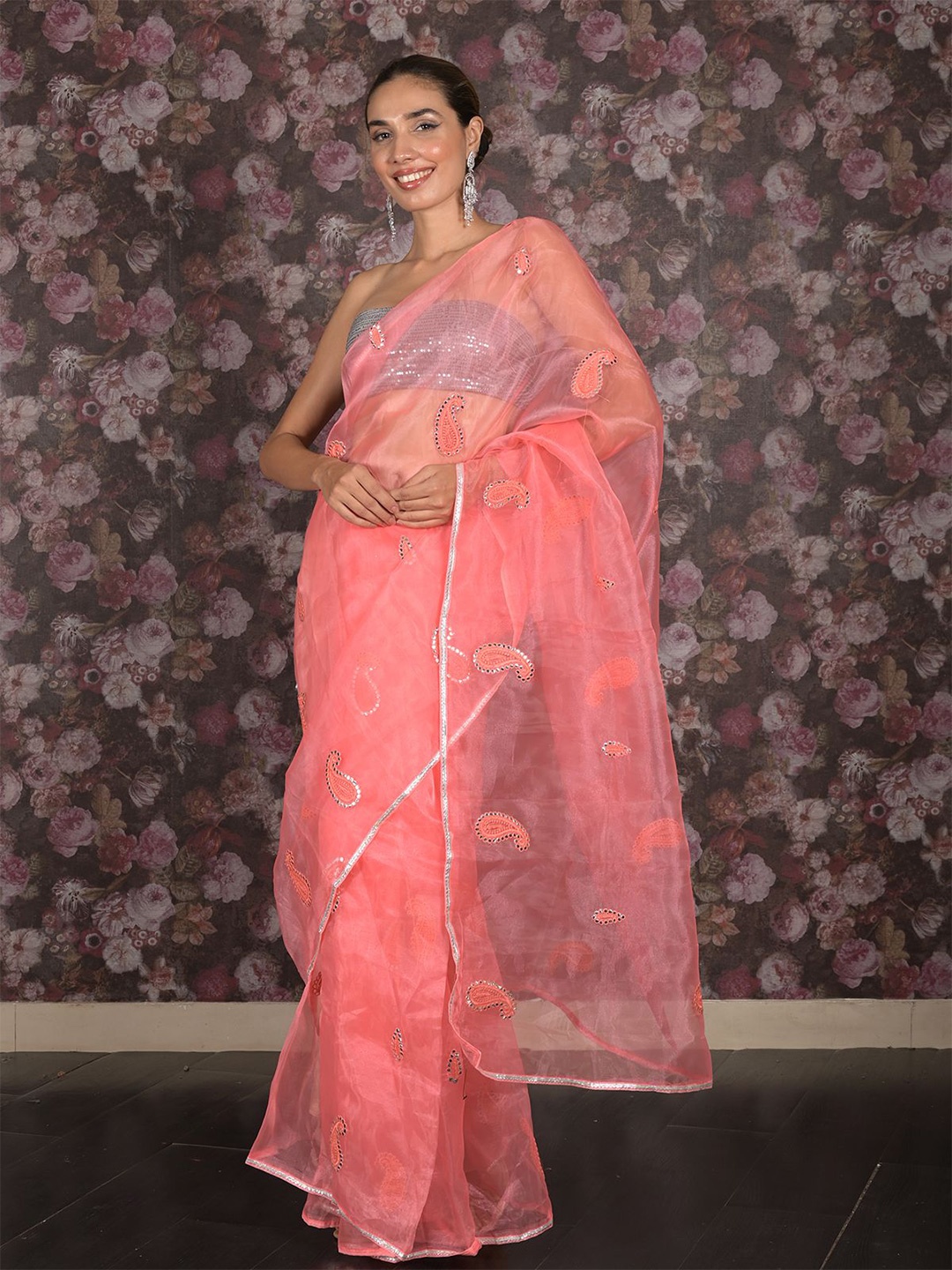 

ODETTE Paisley Organza Saree, Pink