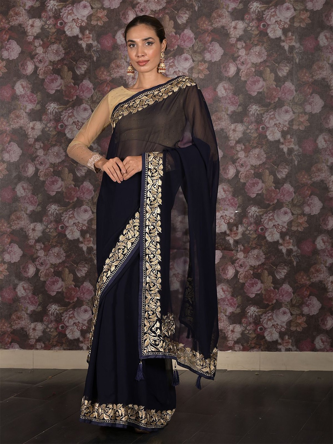 

ODETTE Embroidered Saree, Navy blue