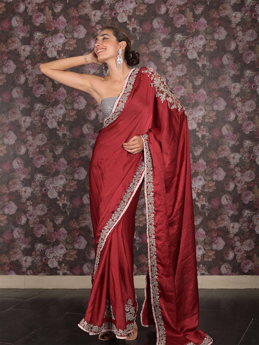

ODETTE Floral Embroidered Satin Saree, Maroon