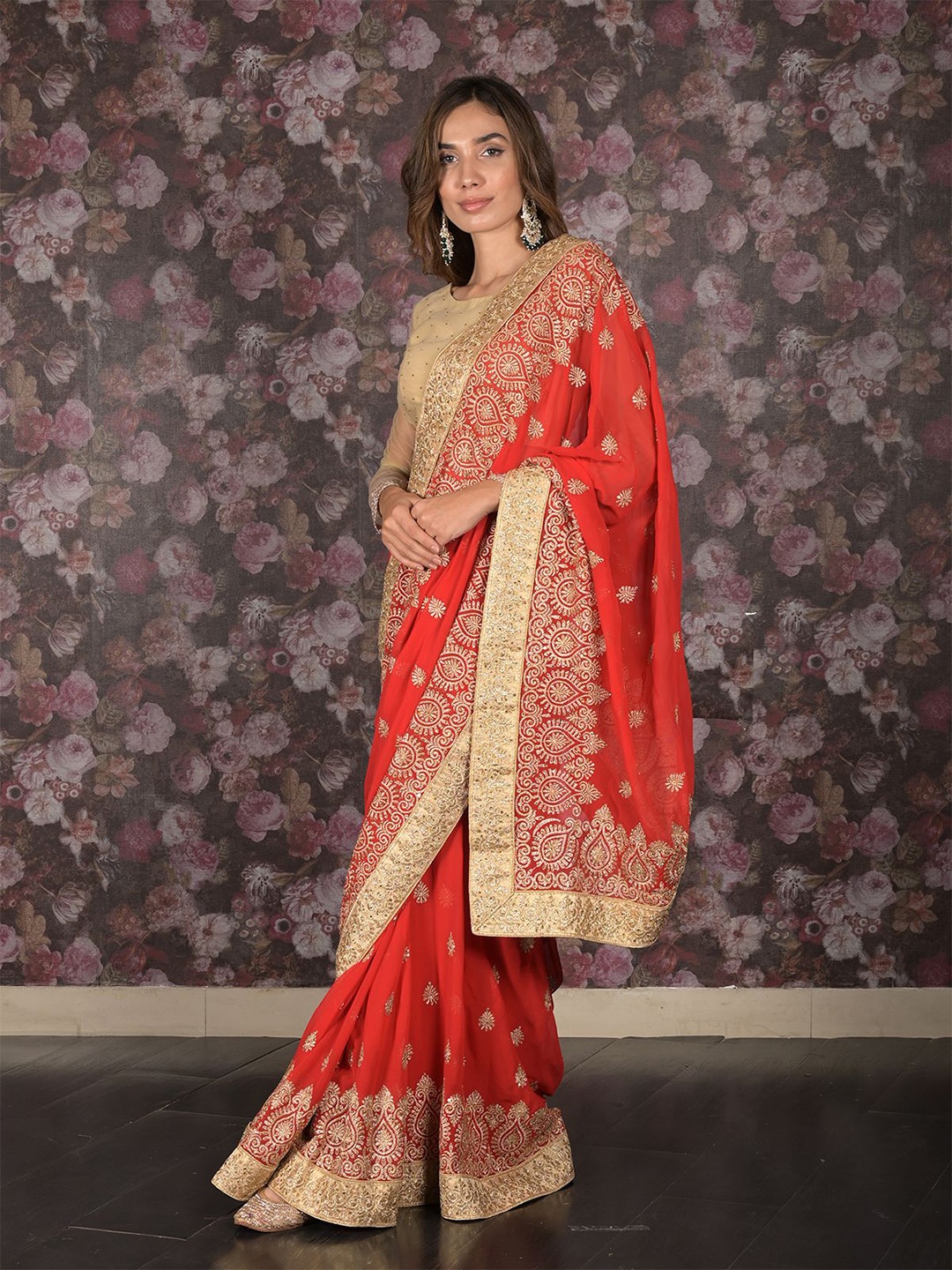 

ODETTE Paisley Embroidered Saree, Red