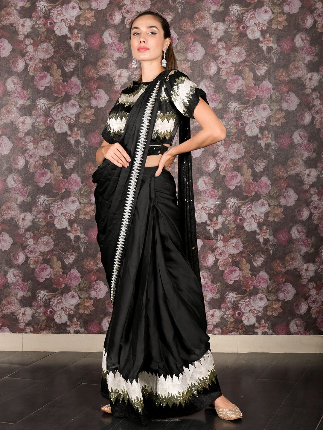 

ODETTE Embellished Sequinned Ready to Wear Saree, Black