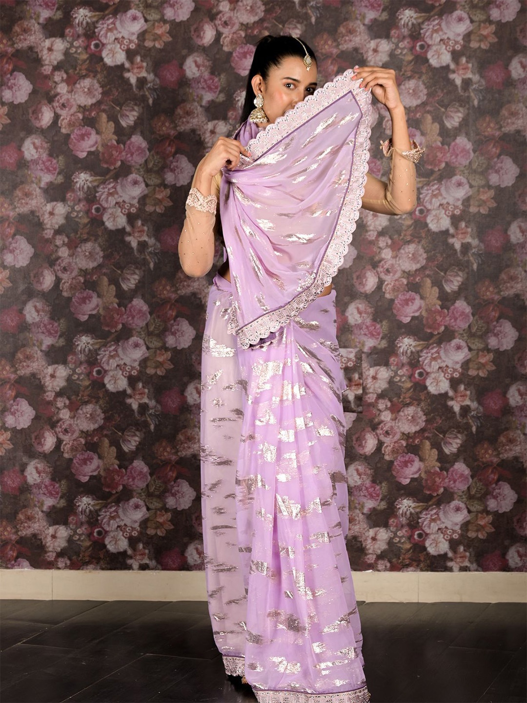 

ODETTE Embellished Sequinned Saree, Lavender