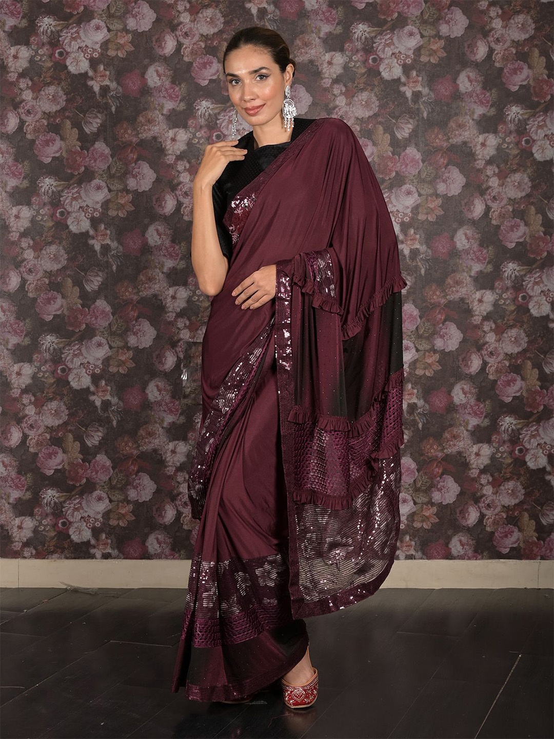 

ODETTE Embellished Sequinned Saree, Burgundy