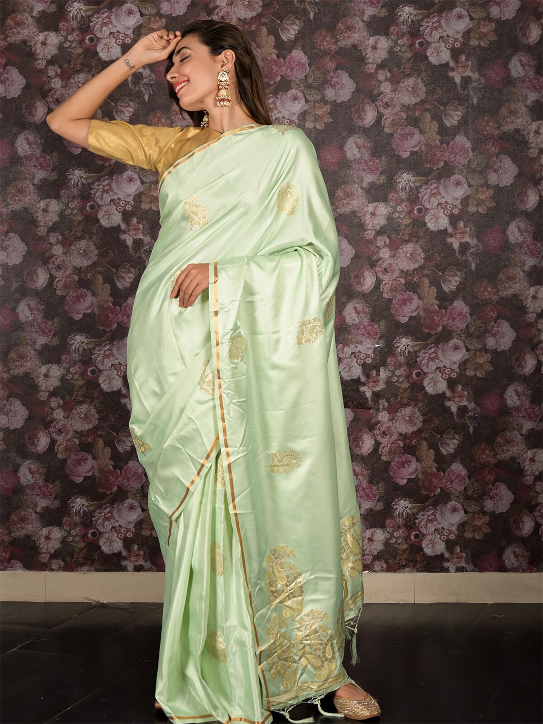 

ODETTE Woven Design Zari Satin Saree, Green