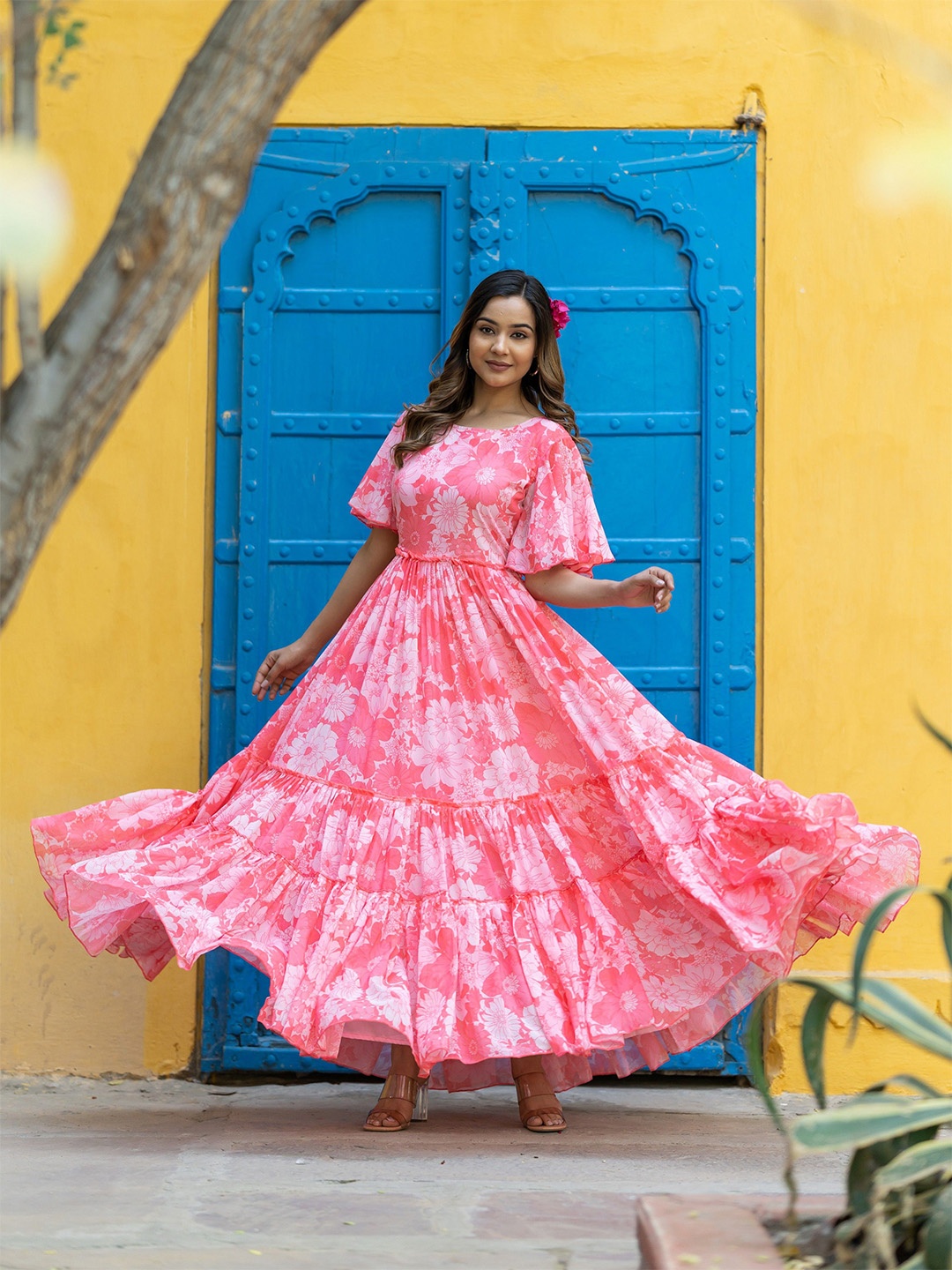 

ASPORA Floral Print Georgette Maxi Dress, Pink