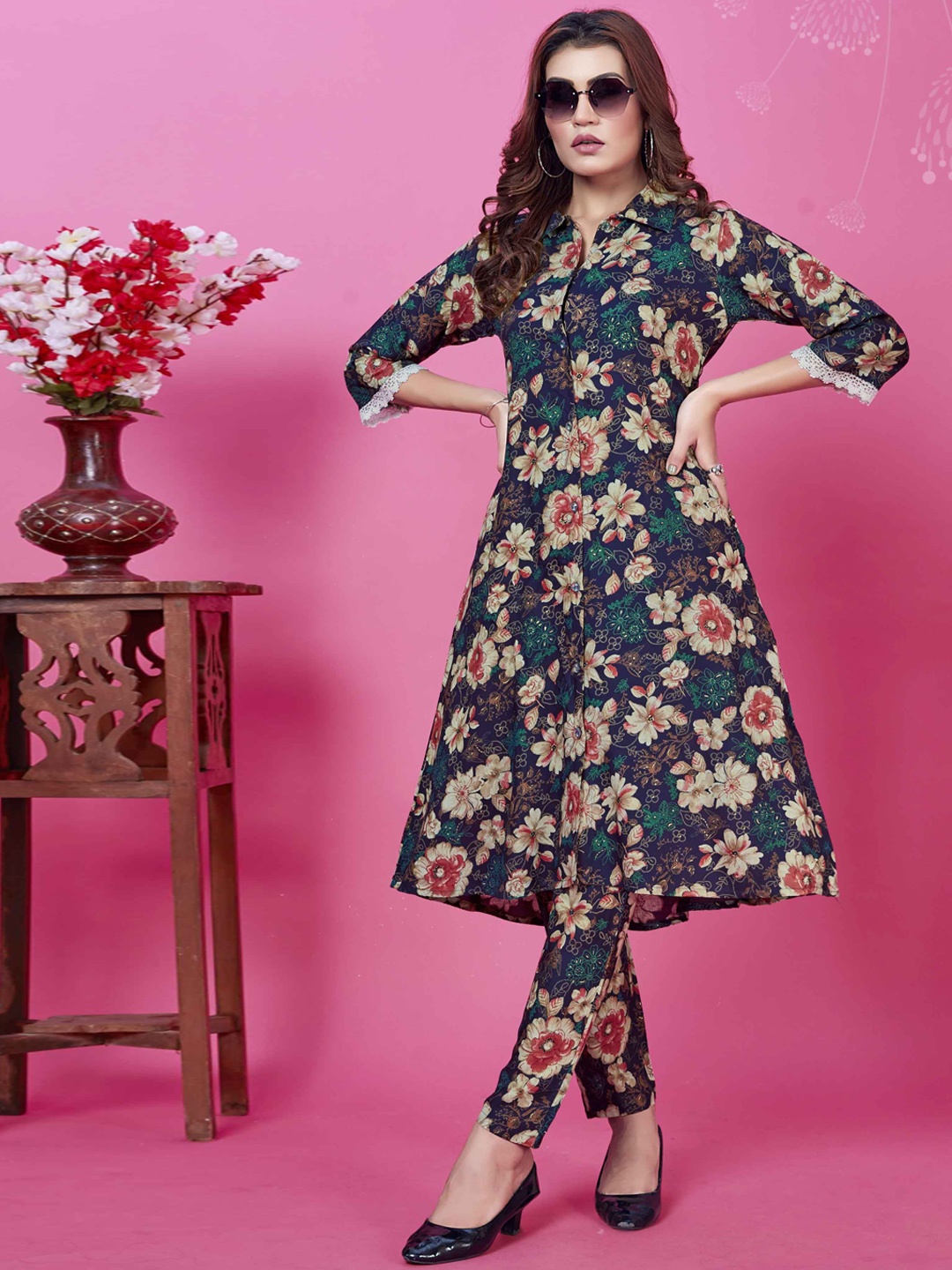 

KALINI Printed Three Quarter Sleeve Shirt & Trouser Co-Ords, Navy blue