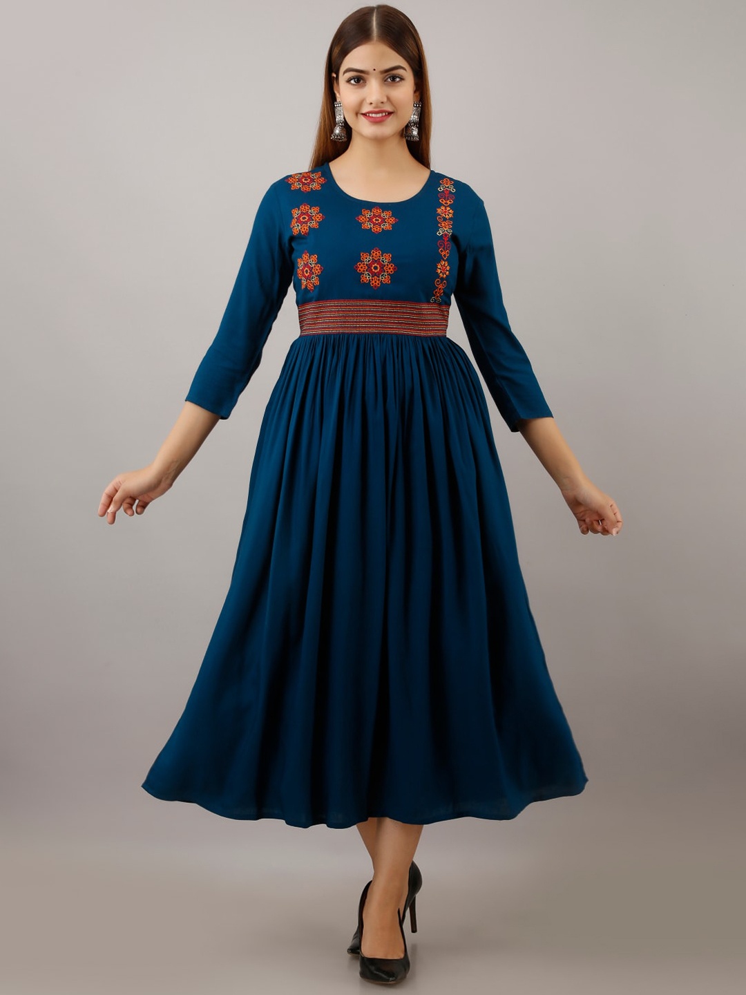 

Arudhi Women Checked Mirror Work Handloom Anarkali Kurta, Blue